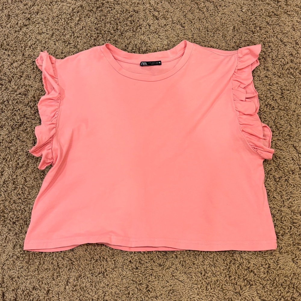 Zara Pink Ruffle Sleeve Cropped Blouse/Top